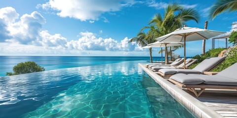 Fototapeta premium Experience ultimate relaxation at a tropical resort, lounging by the poolside oasis overlooking the sea.