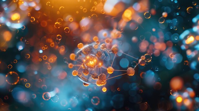 The image shows a 3D rendering of a glowing network of interconnected nodes and pathways. The nodes are arranged in a spherical formation, with the pathways forming a web-like structure that connects