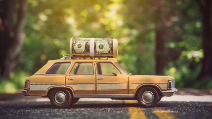 Vintage Station Wagon Car with Rolled American Dollar Bills on Roof. Concept of Wealth, Travel, and Nostalgia. Room for Copy Space