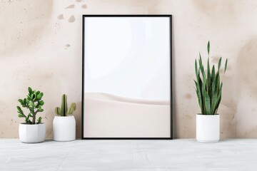 Minimalistic interior scene with a blank picture frame surrounded by green plants in white pots against a concrete wall background.