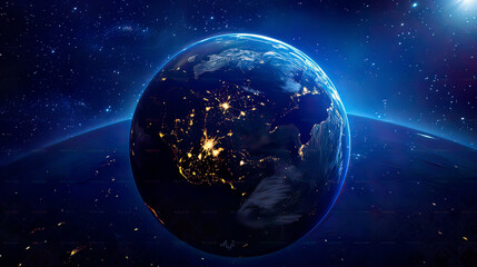 Obraz premium Photorealistic image of planet Earth at night seen from space city lights sparkling across continents detailed and surface deep space gentle illumination