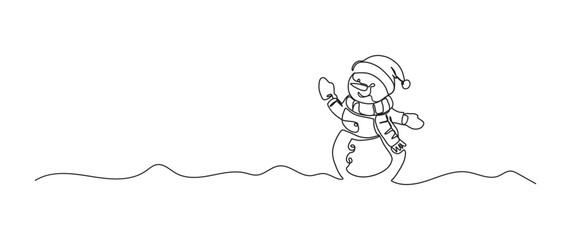 Snowman continuous one line drawing, single line art element, minimalist sketch line vector illustration, christmas winter new year concept