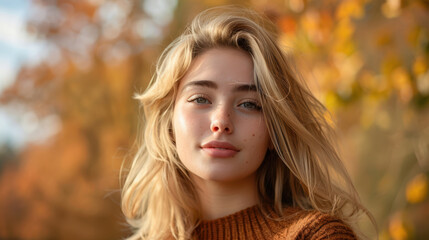 Portrait of a blonde hair caucasian young woman on fall or autumn background.