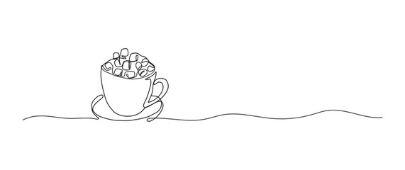 Hot cocoa marshmallows continuous one line drawing, single line art element, minimalist sketch line vector illustration, christmas winter new year concept