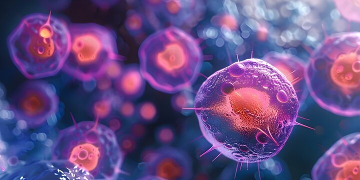 Highly detailed graphic design featuring squamous cells with fluorescent tagging for UV defense. Concept Biological Illustration, Science Art, Cellular Biology, Microscopic Imaging, UV Protection