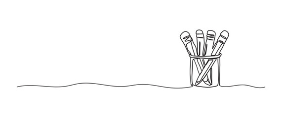 Fototapeta premium Pencils continuous one line drawing, single line art element, minimalist sketch line vector illustration, back to school concept