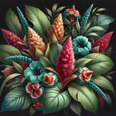 Obraz premium A dense and lush floral arrangement featuring Cock's comb flowers and leaves
