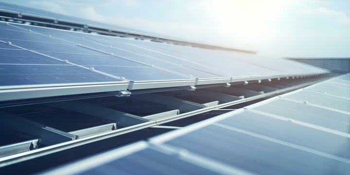 Solar panel farm with rows of panels maximizing sun exposure on gray background. Concept Solar Energy, Sustainability, Renewable Resources, Technology, Clean Power