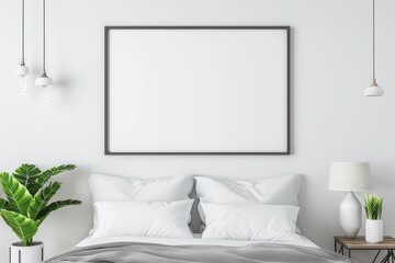 Modern bedroom with minimalist decor, featuring a blank picture frame above the bed, hanging lights, and a potted plant for a touch of greenery.
