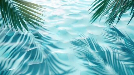 3D rendering of palm leaves shadow on the water surface in a swimming pool with a light blue background