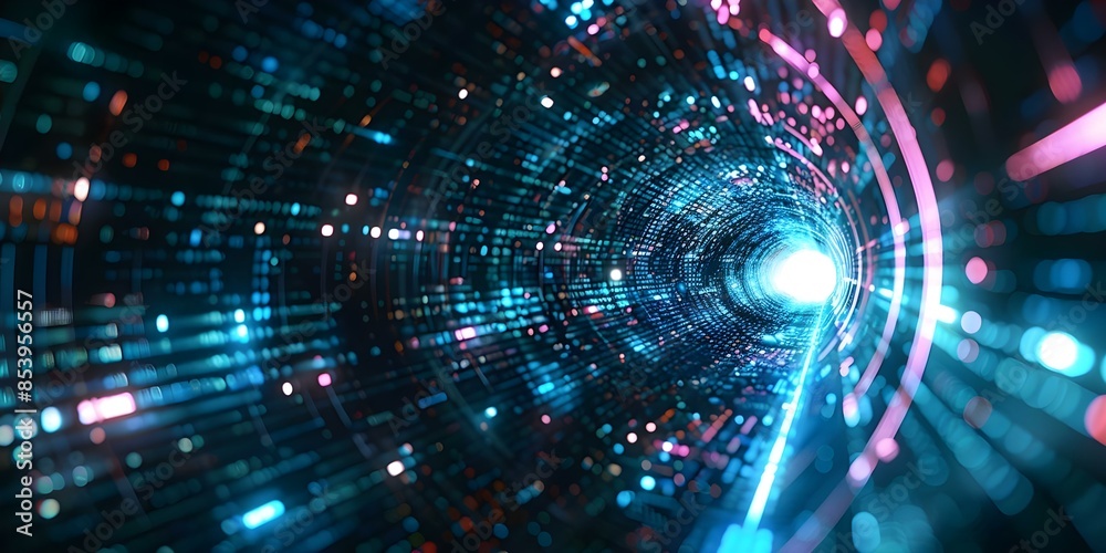 Poster abstract tech tunnel with vibrant digital data stream creating futuristic visualization. concept fut