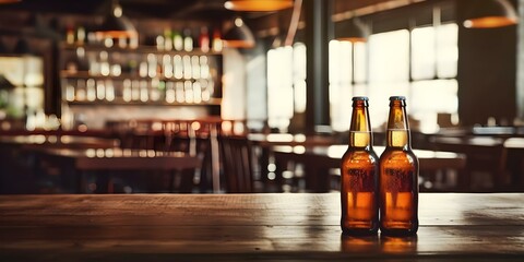 Cozy restaurant setting with cold beer bottles on a wooden table. Concept Restaurant Vibe, Cold Beer, Wooden Table, Cozy Setting