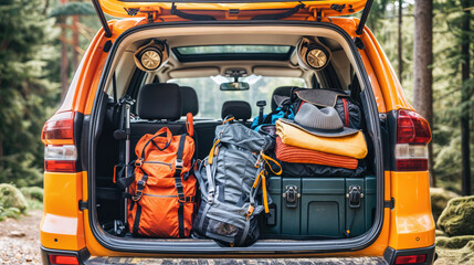 Orange suv in forest with open trunk full of camping equipment