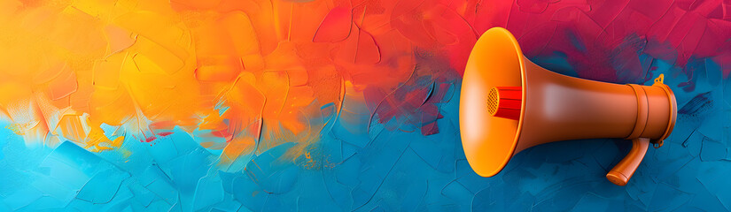 A vibrant orange megaphone emitting colorful smoke against an electric blue and peach background. The artistic pattern is highlighted by tints and shades, creating a bold and eyecatching design