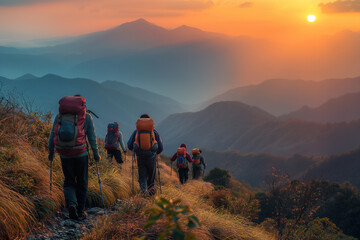 Obraz premium Cinematic Epic Mountain Adventure: Sunset Trekking Journey with Friends, Diverse Group Hiking in Summer, Embracing Nature, Outdoor Exploration, Active Backpacking, and Sporting an Active Lifestyle