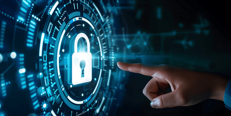 Hand reaching out to touch a digital padlock icon representing cyber security
