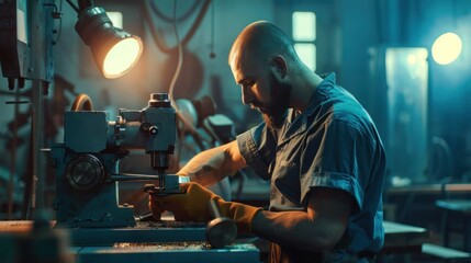 Blue-Collar Worker Using Milling Machine In Workshop