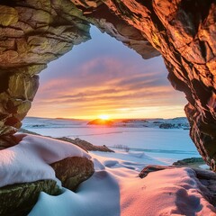 sunset over frozen tundra as seen from ice cave