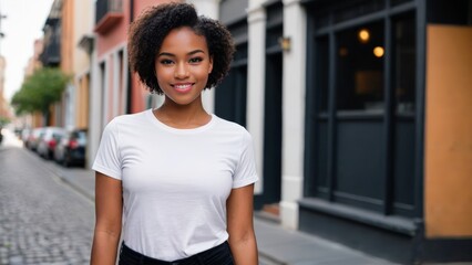 Young black woman with short hair wearing white t-shirt and black jeans standing in a city alley