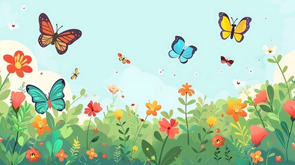 Colorful Butterflies Fly Over Blooming Garden