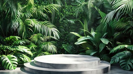 Podium background product green nature 3D forest stand white plant. Cosmetic background product podium display wood jungle studio garden beauty platform presentation mockup pedestal stone tropical.