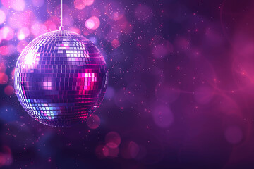 Disco ball party-themed background in purple colours with space for text