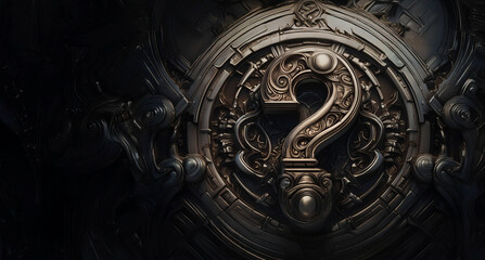 A heavy metallic question mark with ancient design. Concept for games, assessment and quiz.