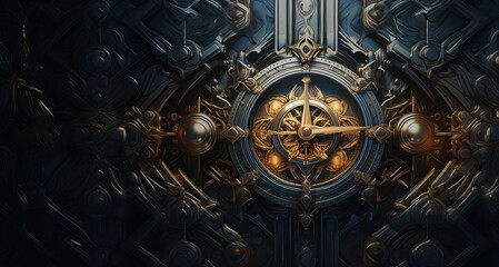 Obraz premium A heavy metallic ancient clock with old design in dark background. Concept of time travel and time machine.