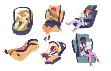 Children Safely Seated In Car Seats Engaging With Devices Such As Tablets And Smartphones, Vector Image