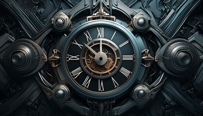 A heavy metallic ancient clock with old design in dark background. Concept of time travel and time machine.
