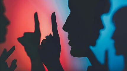 Obraz premium Mental health stigma shown through silhouettes pointing fingers at a person.