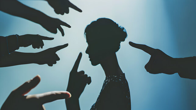 Mental health stigma shown through silhouettes pointing fingers at a person.


