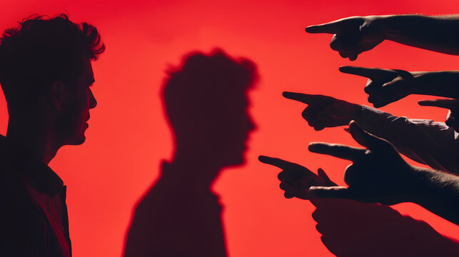 Mental health stigma shown through silhouettes pointing fingers at a person.


