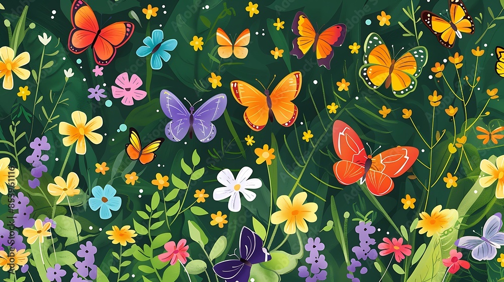 Wall mural Colorful Butterflies in a Blooming Meadow