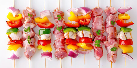 Raw chicken skewers for bbq, uncooking chicken meat, Healthy food, Generative AI