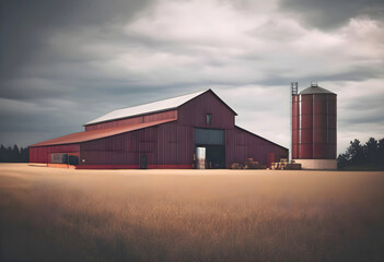 Obraz premium Farm with barn and storage for crops and wheat, wheat field against a sky