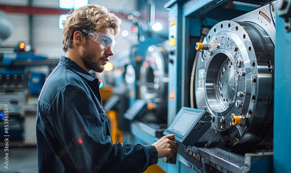Poster factory worker using tablet to program cnc milling machine in industrial workshop, daytime operation