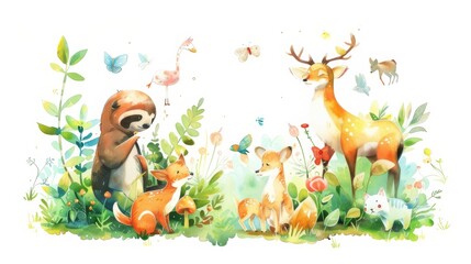 An enchanting illustration depicting a vibrant forest scene filled with various animals, including a deer, foxes, and birds
