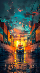 Shipping Container Port with Giant Cargo Ships at Sunset - Vibrant Illustration of Industrial Maritime Scene with Colorful Sky and Reflective Waters