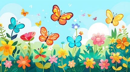 Fototapeta premium Colorful Butterflies and Flowers in a Summer Garden