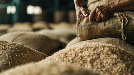 Checking quality of rice sack before delivery to customer