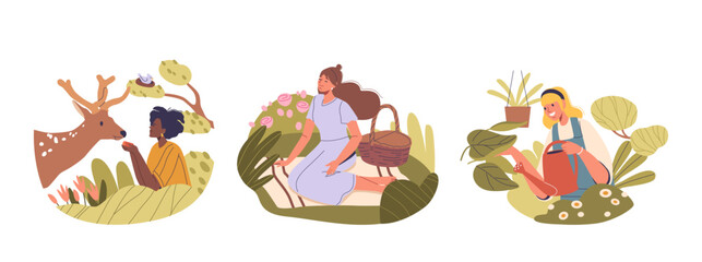 Women Enjoying Aspects Of Cozy Country Life. Activities Such As Spending Time With Wildlife, Picnicking In Nature