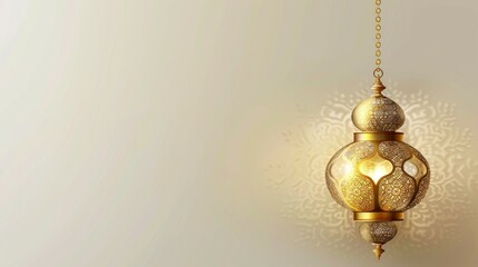 Ornate Golden Lantern Hanging Against a Beige Background