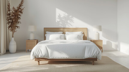 A double bed with white linens in front of a white wall. Minimalist bedroom interior design.