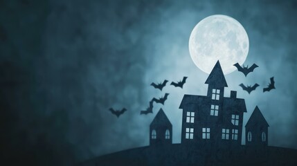 Fototapeta premium Halloween Haunted House Silhouette Under Full Moon.