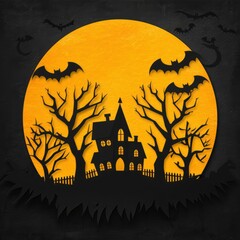 Halloween spooky house silhouette on full moon background.