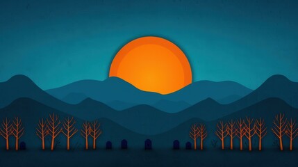 Obraz premium Sunset Over Mountains With Silhouettes of Trees.