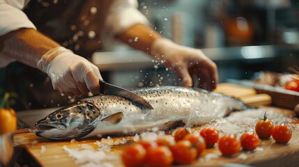 Chef cuts fish in restaurant kitchen