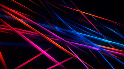 Bright neon light beams crossing diagonally on a dark background. Purple orange violet lines in abstract dynamic shape