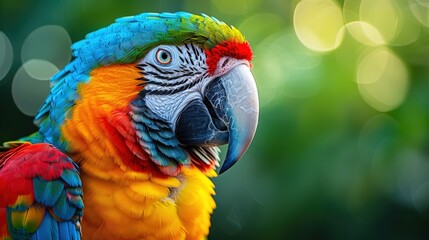 A colorful parrot with vibrant feathers, looking directly at the camera in profile